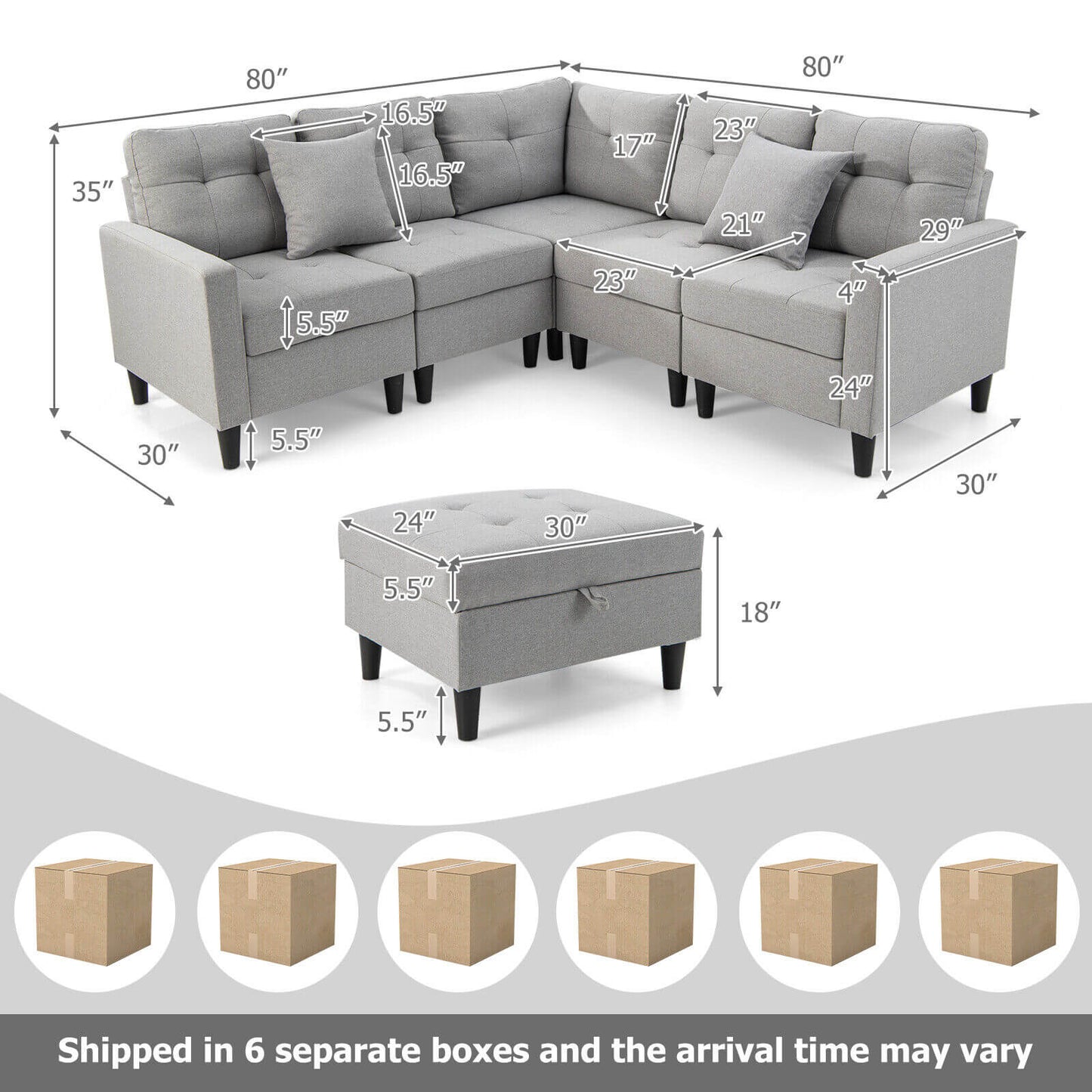 Modular L-Shaped Sectional Sofa Set with Storage Ottoman in Grey
