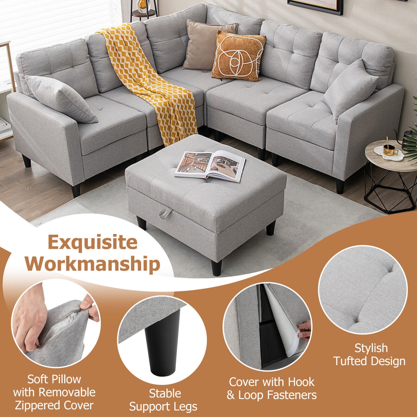 Modular L-Shaped Sectional Sofa Set with Storage Ottoman in Grey