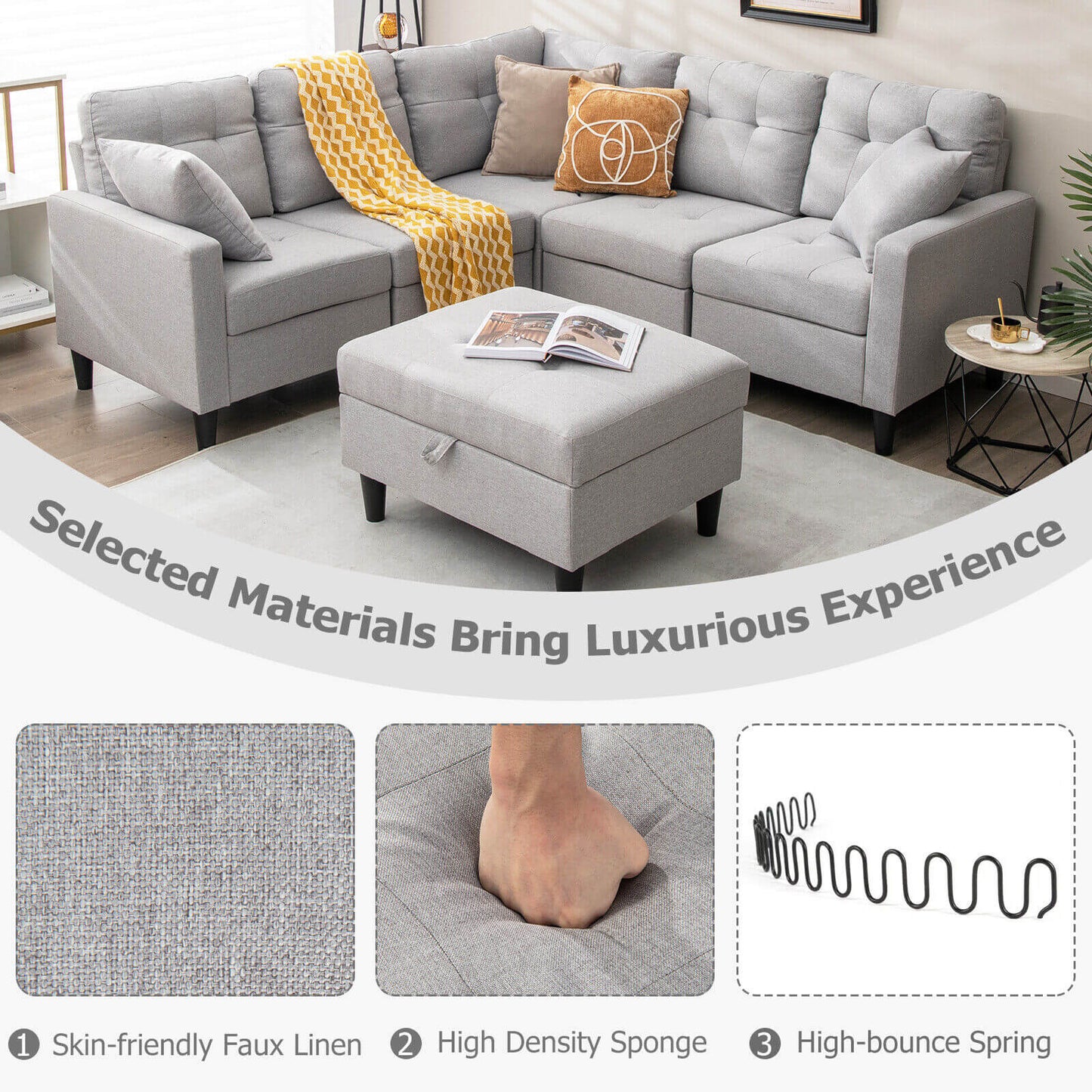 Modular L-Shaped Sectional Sofa Set with Storage Ottoman in Grey