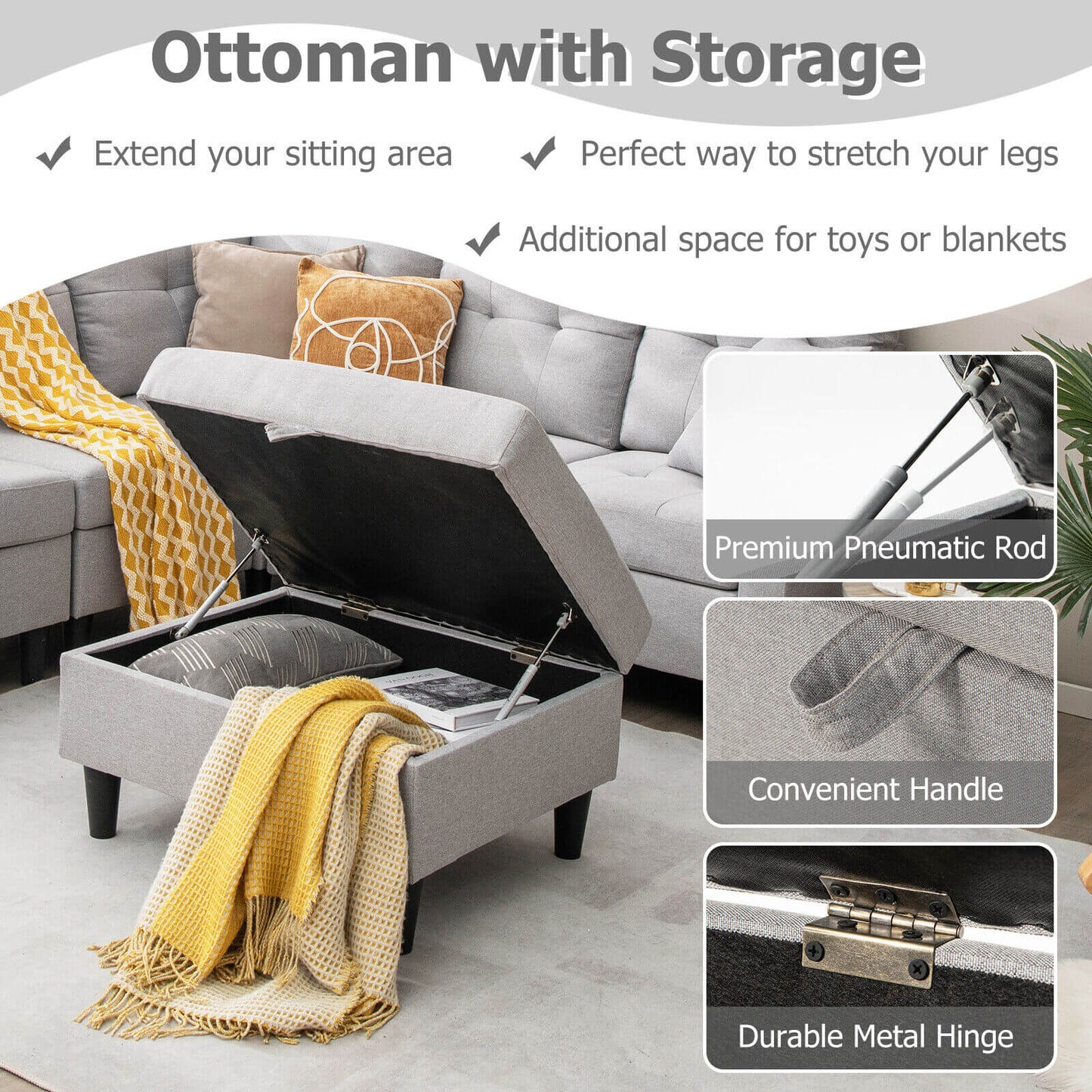 Modular L-Shaped Sectional Sofa Set with Storage Ottoman in Grey
