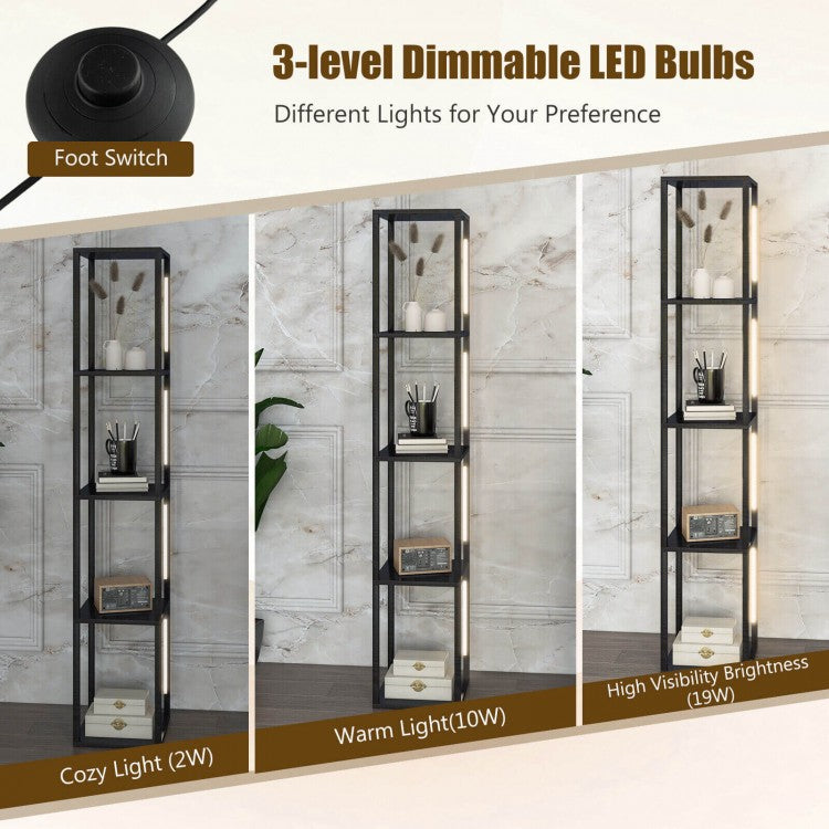 64 Inch Dimmable LED Floor Lamp with 360° Rotatable Poles and 4 Storage Shelves - Black