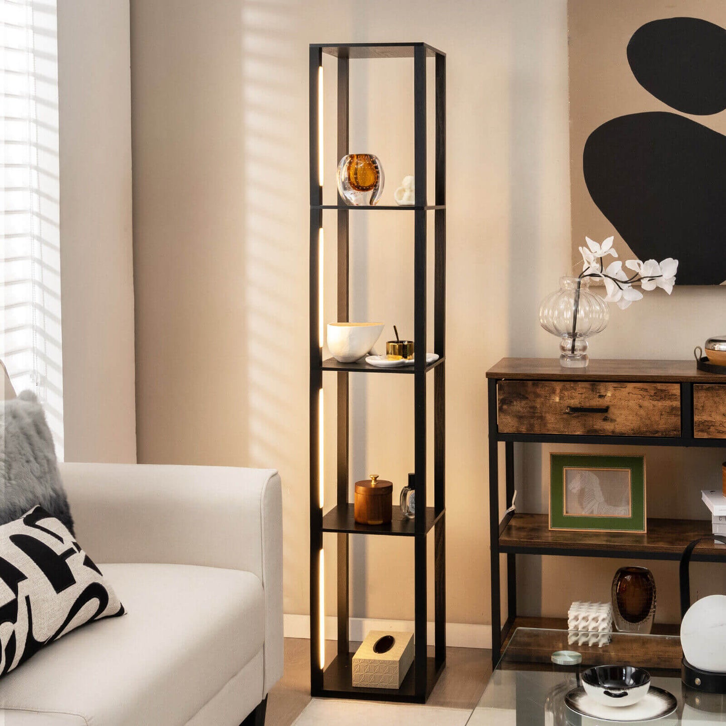 64 Inch Dimmable LED Floor Lamp with 360° Rotatable Poles and 4 Storage Shelves - Black