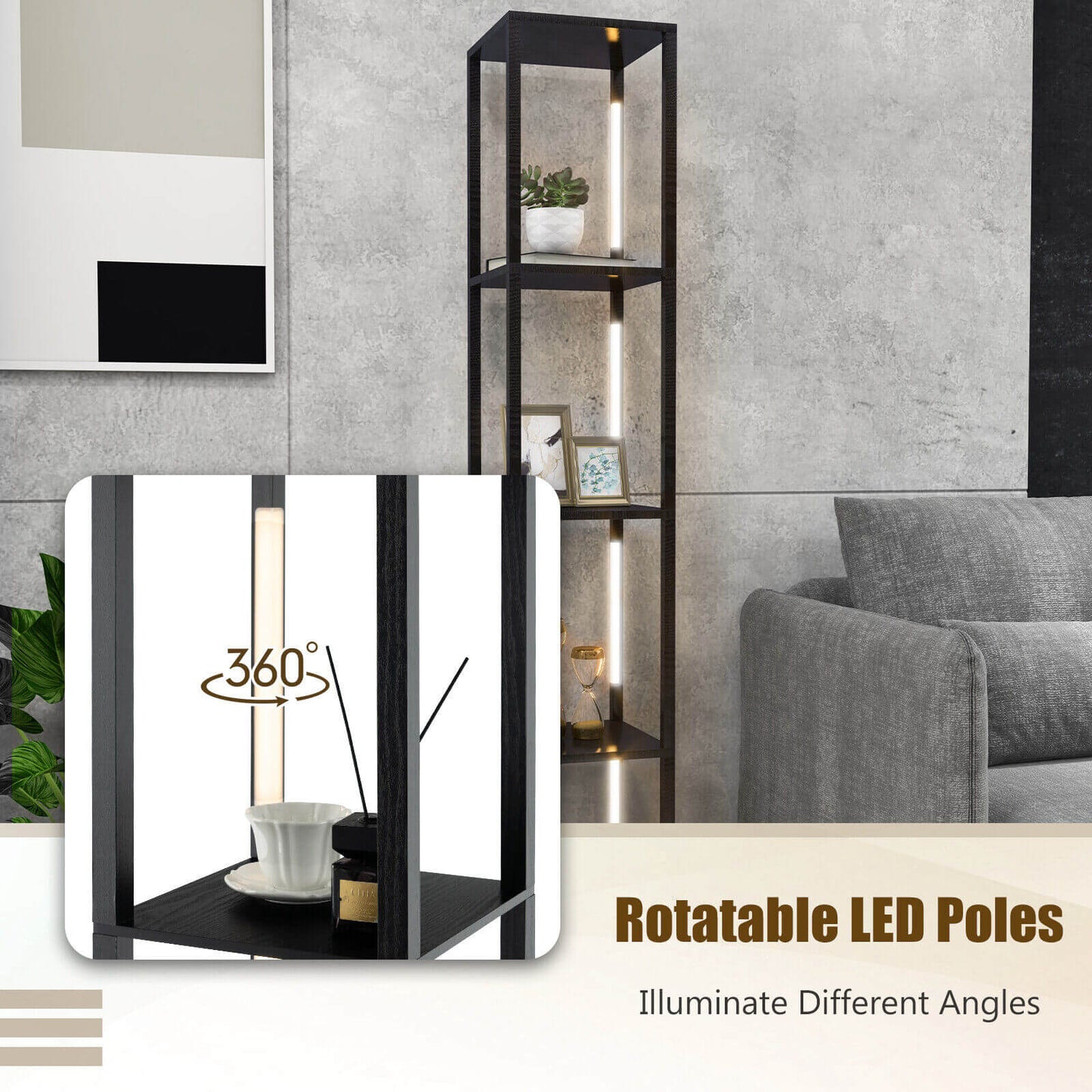 64 Inch Dimmable LED Floor Lamp with 360° Rotatable Poles and 4 Storage Shelves - Black