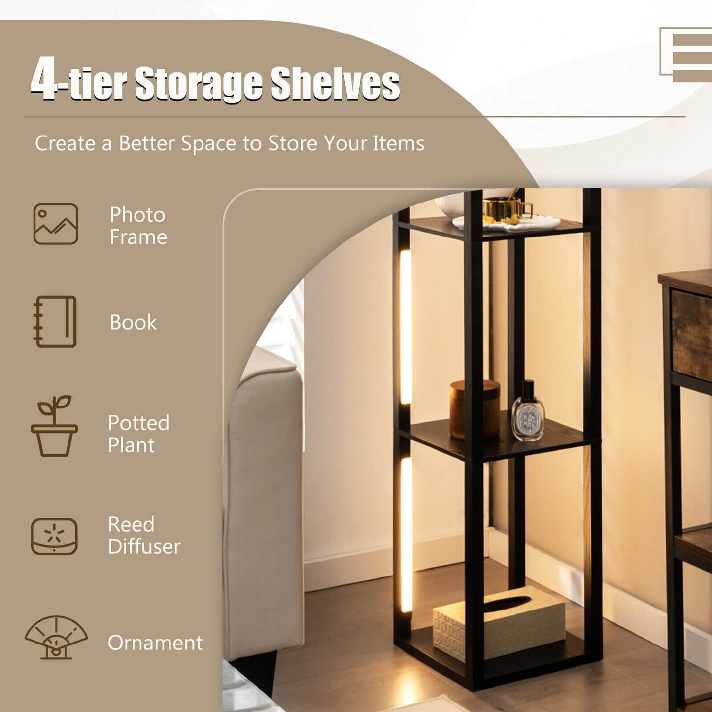 64 Inch Dimmable LED Floor Lamp with 360° Rotatable Poles and 4 Storage Shelves - Black