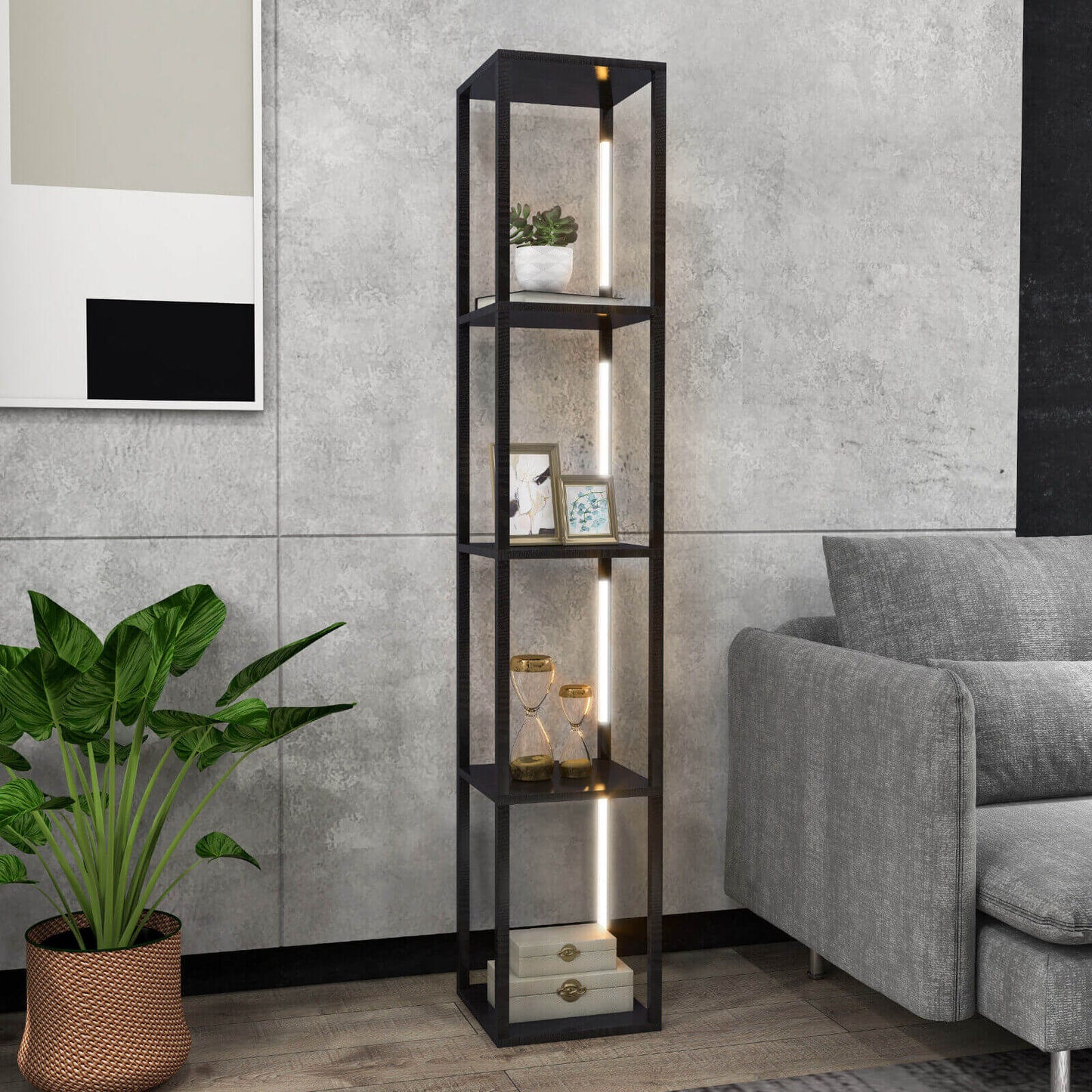 64 Inch Dimmable LED Floor Lamp with 360° Rotatable Poles and 4 Storage Shelves - Black