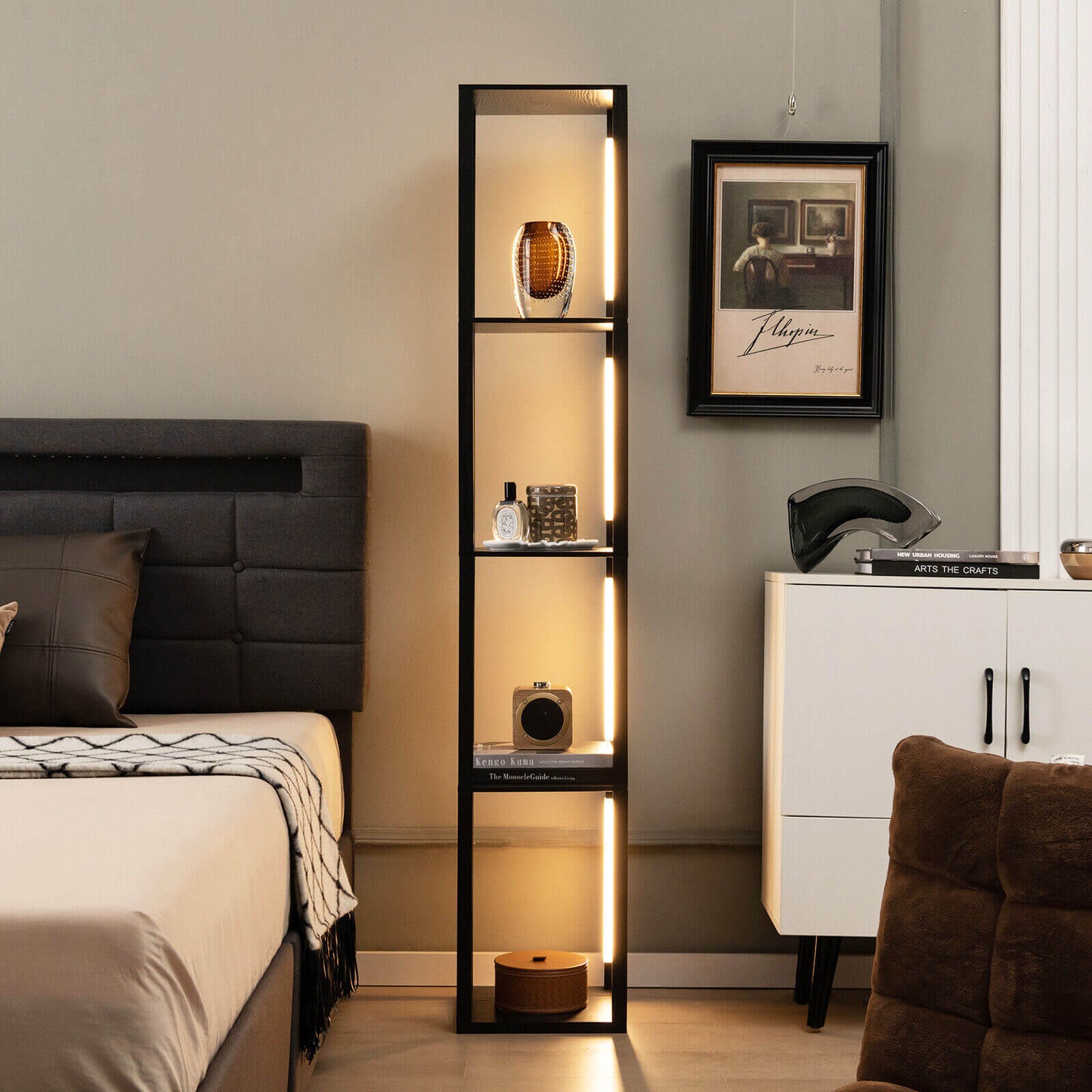 64 Inch Dimmable LED Floor Lamp with 360° Rotatable Poles and 4 Storage Shelves - Black