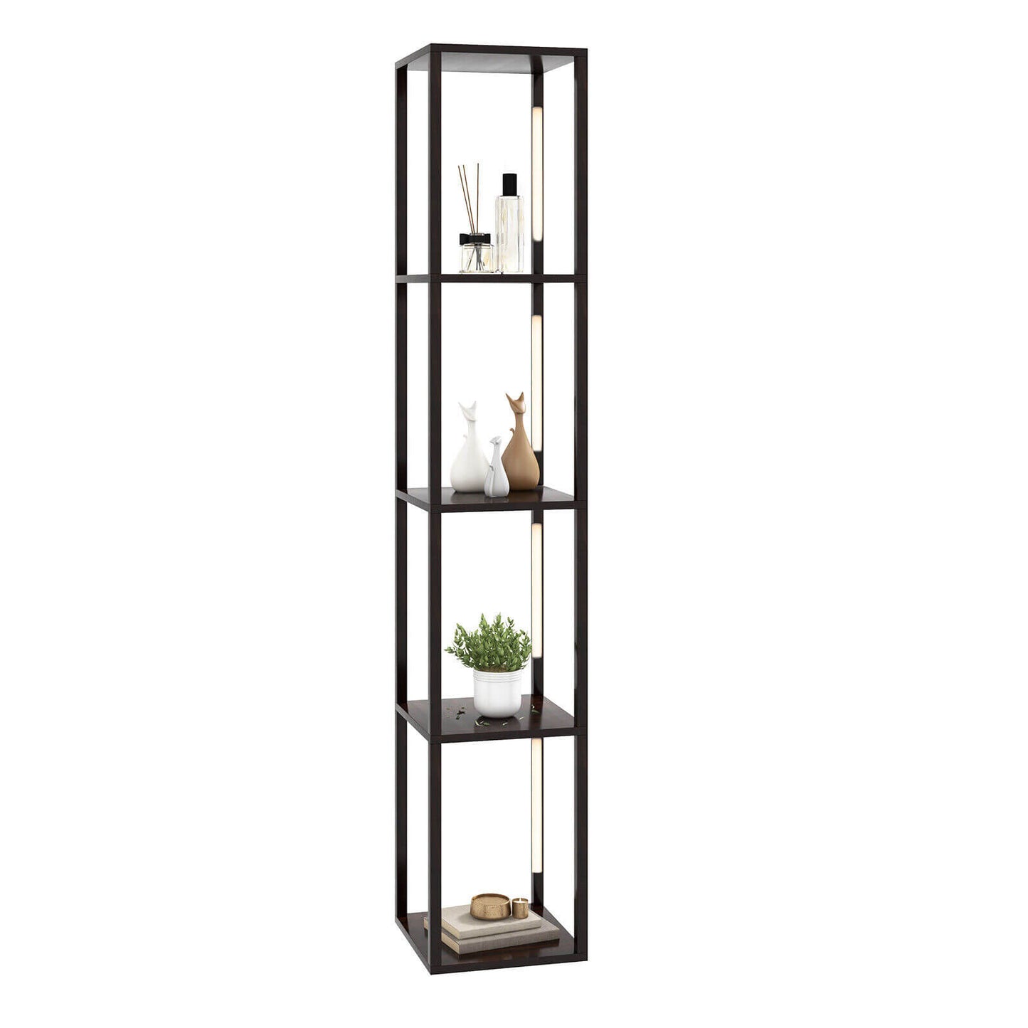 64 Inch Dimmable LED Floor Lamp with 360° Rotatable Poles and 4 Storage Shelves - Walnut