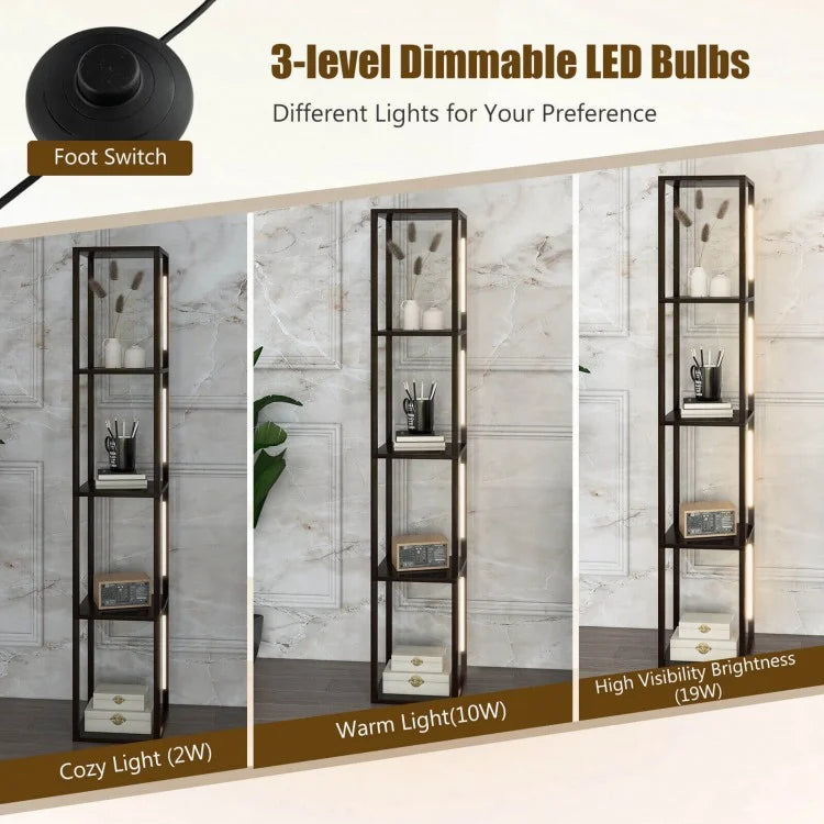 64 Inch Dimmable LED Floor Lamp with 360° Rotatable Poles and 4 Storage Shelves - Walnut