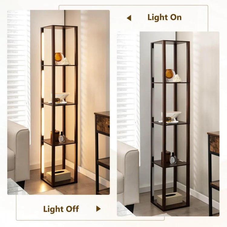 64 Inch Dimmable LED Floor Lamp with 360° Rotatable Poles and 4 Storage Shelves - Walnut