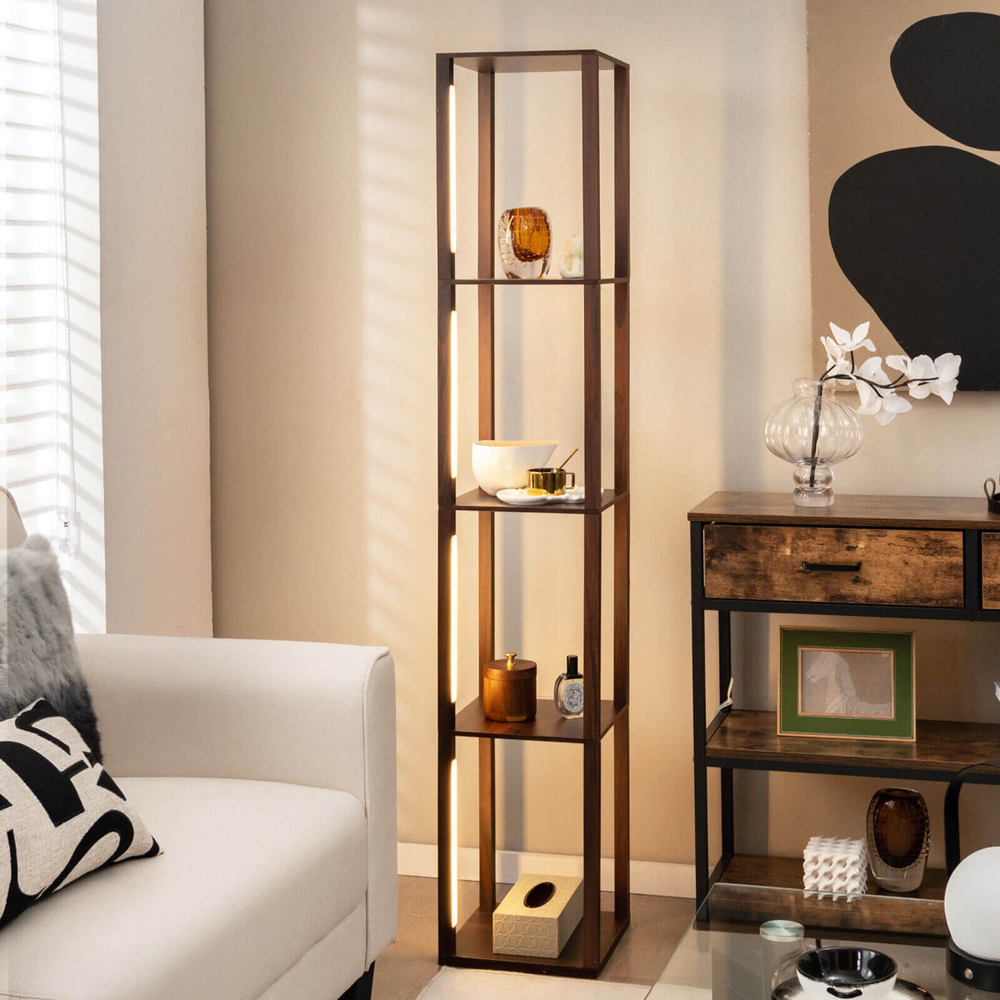 64 Inch Dimmable LED Floor Lamp with 360° Rotatable Poles and 4 Storage Shelves - Walnut