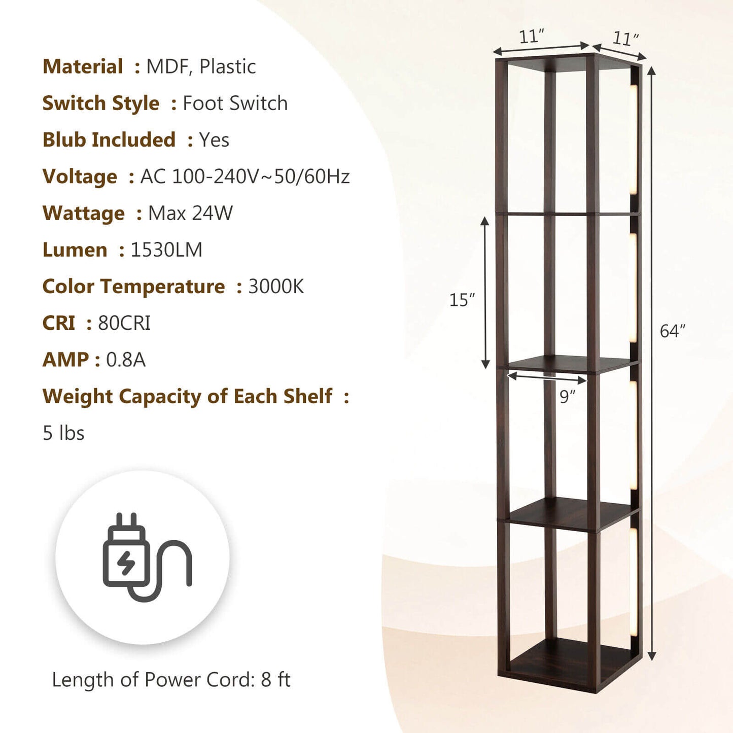 64 Inch Dimmable LED Floor Lamp with 360° Rotatable Poles and 4 Storage Shelves - Walnut