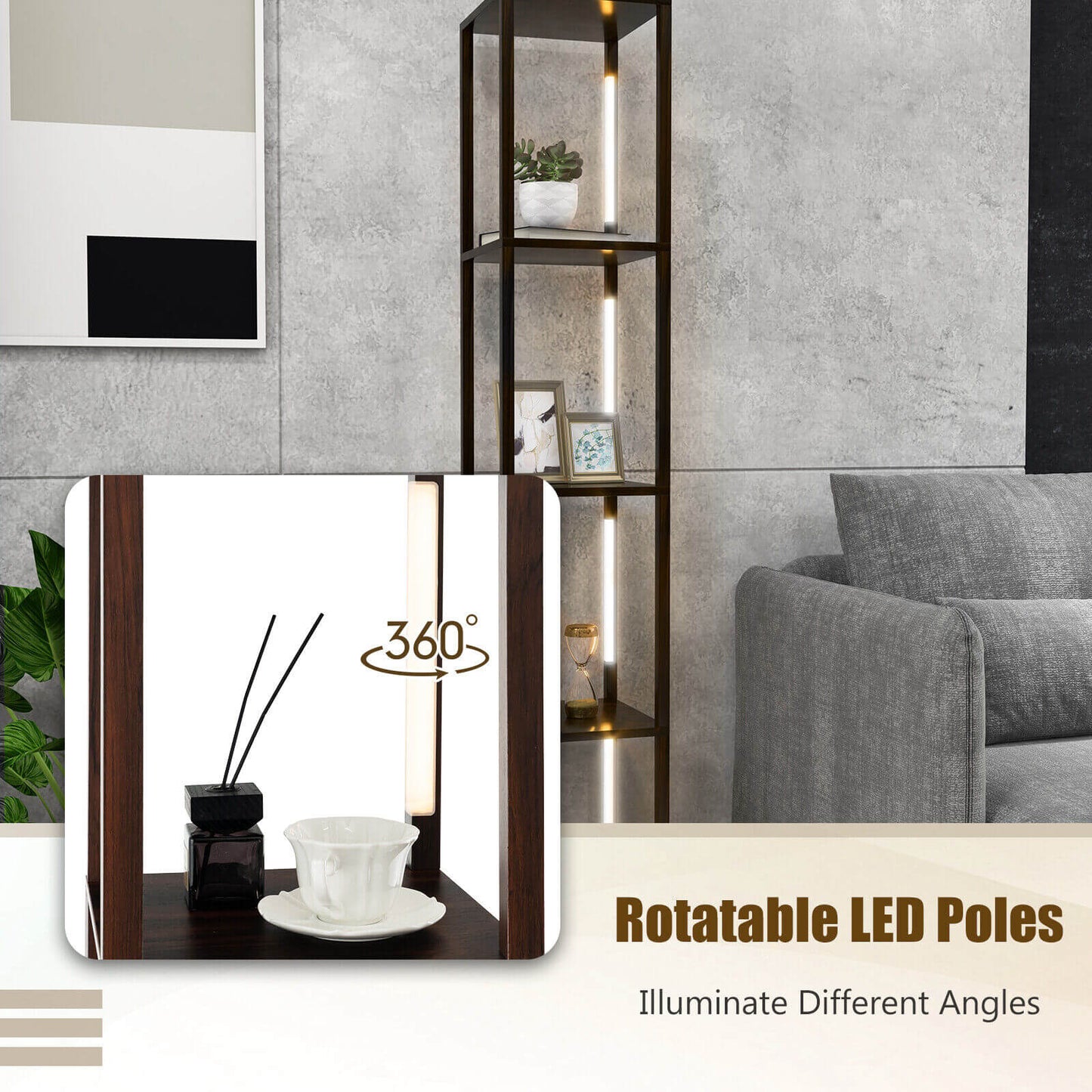 64 Inch Dimmable LED Floor Lamp with 360° Rotatable Poles and 4 Storage Shelves - Walnut
