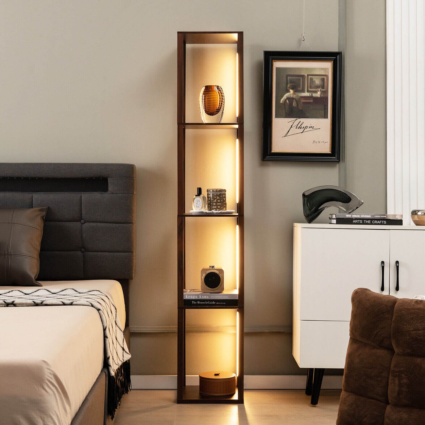 64 Inch Dimmable LED Floor Lamp with 360° Rotatable Poles and 4 Storage Shelves - Walnut