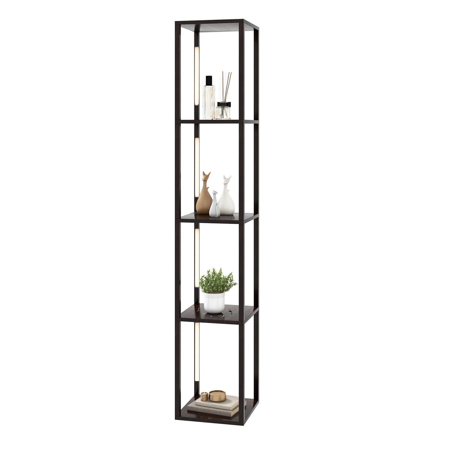 64 Inch Dimmable LED Floor Lamp with 360° Rotatable Poles and 4 Storage Shelves - Walnut