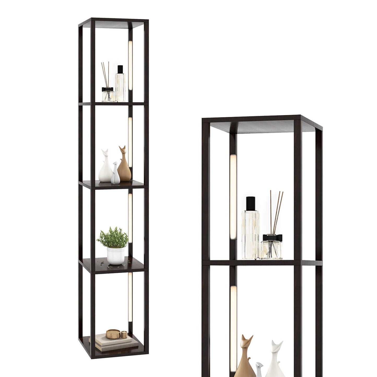 64 Inch Dimmable LED Floor Lamp with 360° Rotatable Poles and 4 Storage Shelves - Walnut