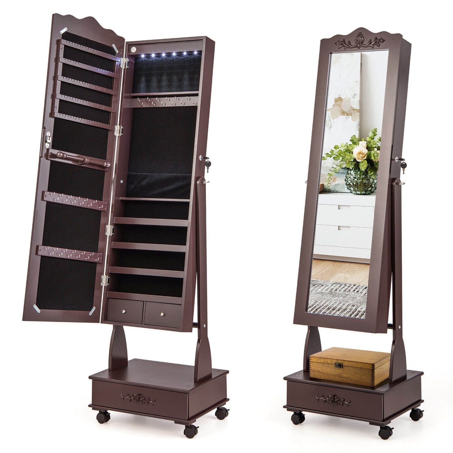 Rolling Full-Length Mirror Jewelry Armoire with Lockable Storage, Drawers and LED Lighting – Brown