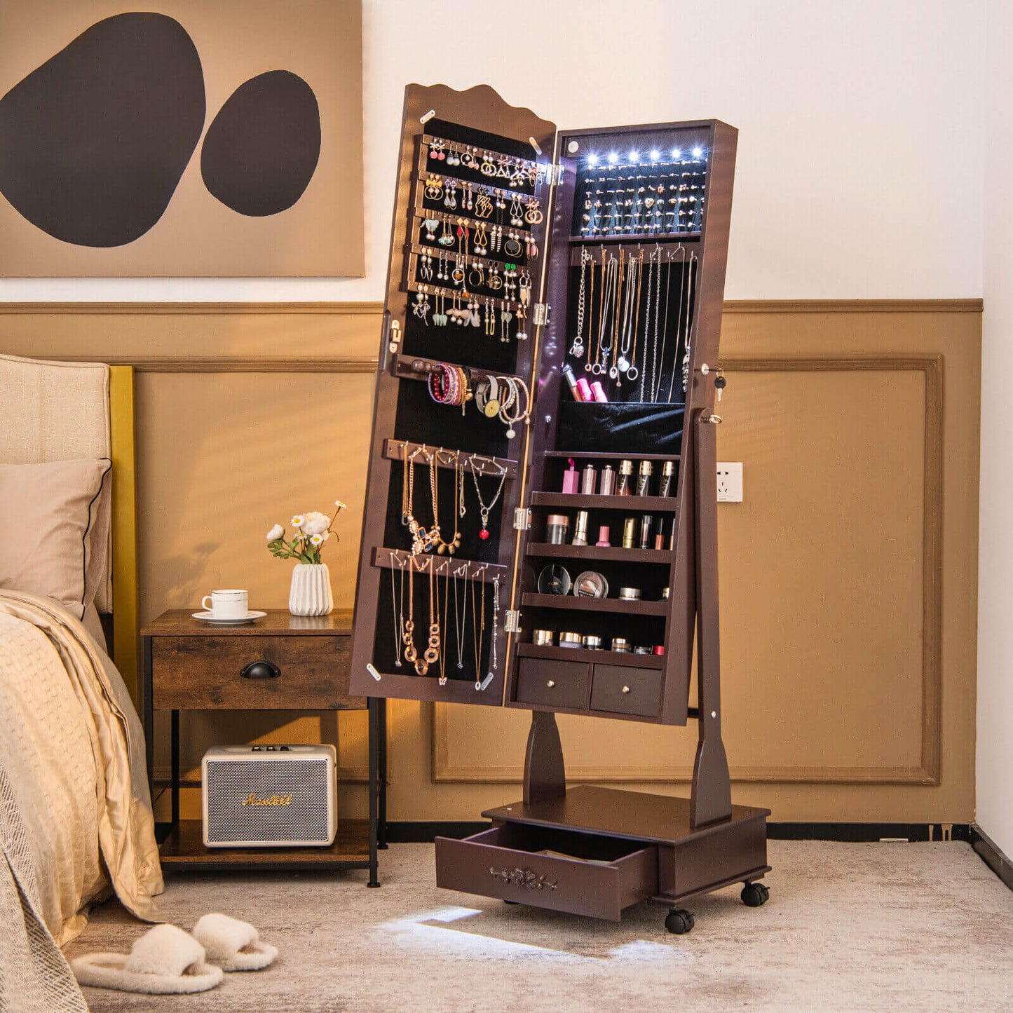 Rolling Full-Length Mirror Jewelry Armoire with Lockable Storage, Drawers and LED Lighting – Brown