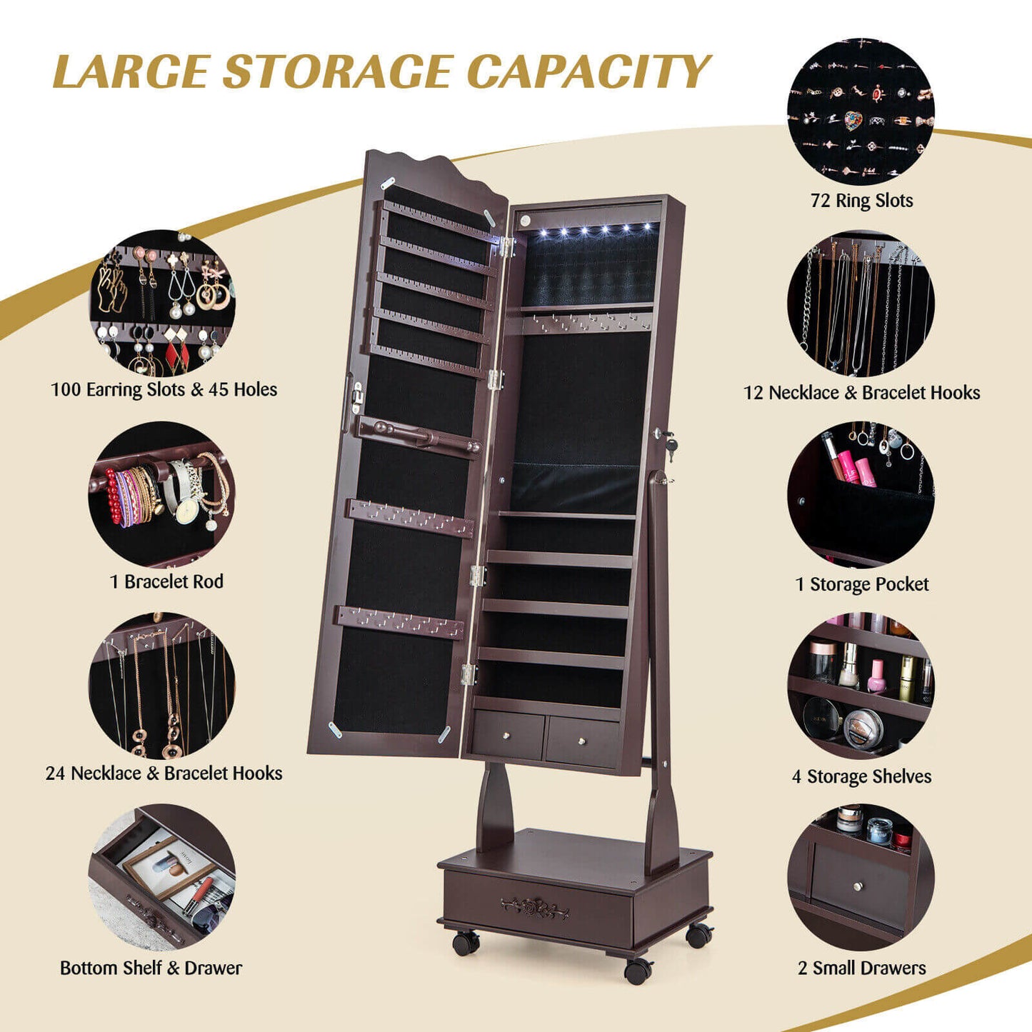 Rolling Full-Length Mirror Jewelry Armoire with Lockable Storage, Drawers and LED Lighting – Brown