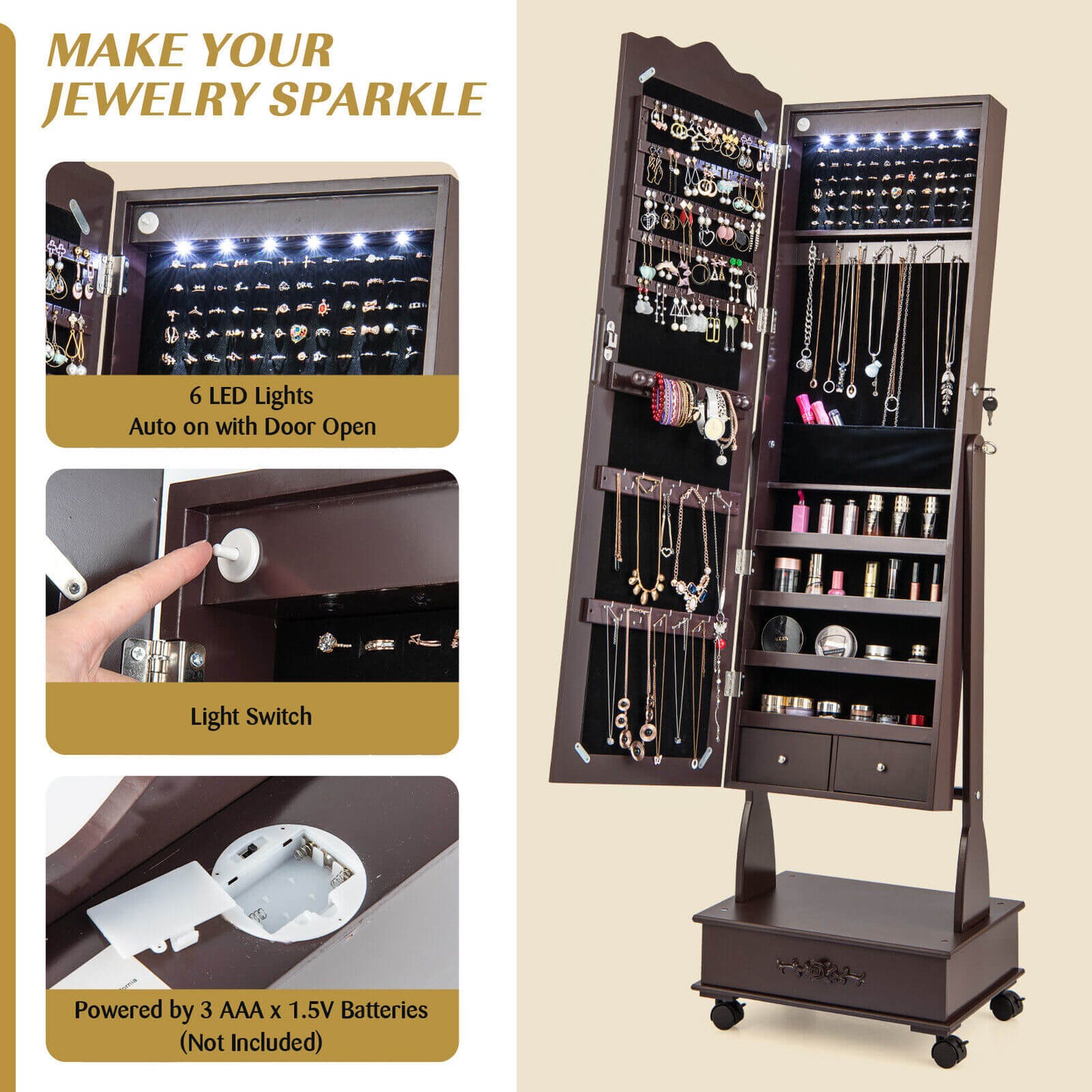 Rolling Full-Length Mirror Jewelry Armoire with Lockable Storage, Drawers and LED Lighting – Brown