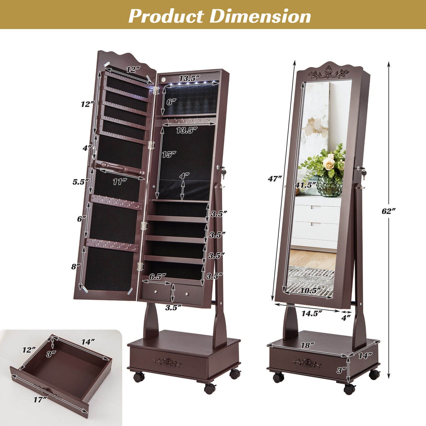 Rolling Full-Length Mirror Jewelry Armoire with Lockable Storage, Drawers and LED Lighting – Brown