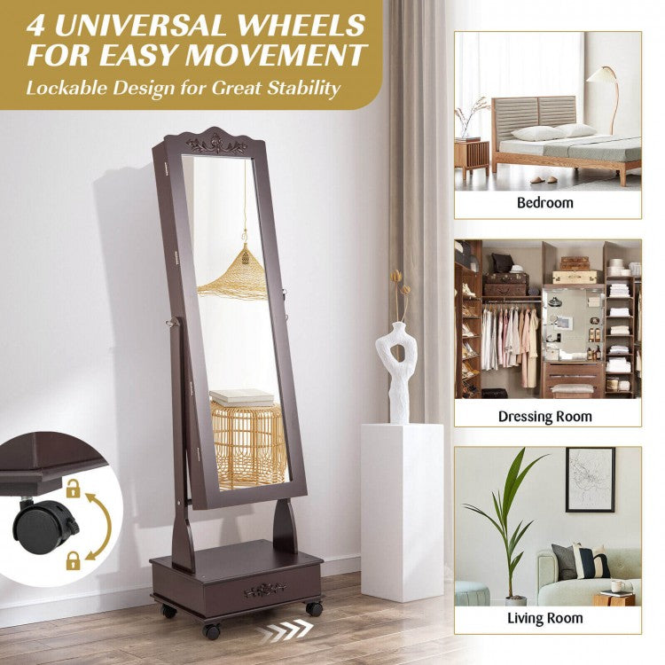 Rolling Full-Length Mirror Jewelry Armoire with Lockable Storage, Drawers and LED Lighting – Brown