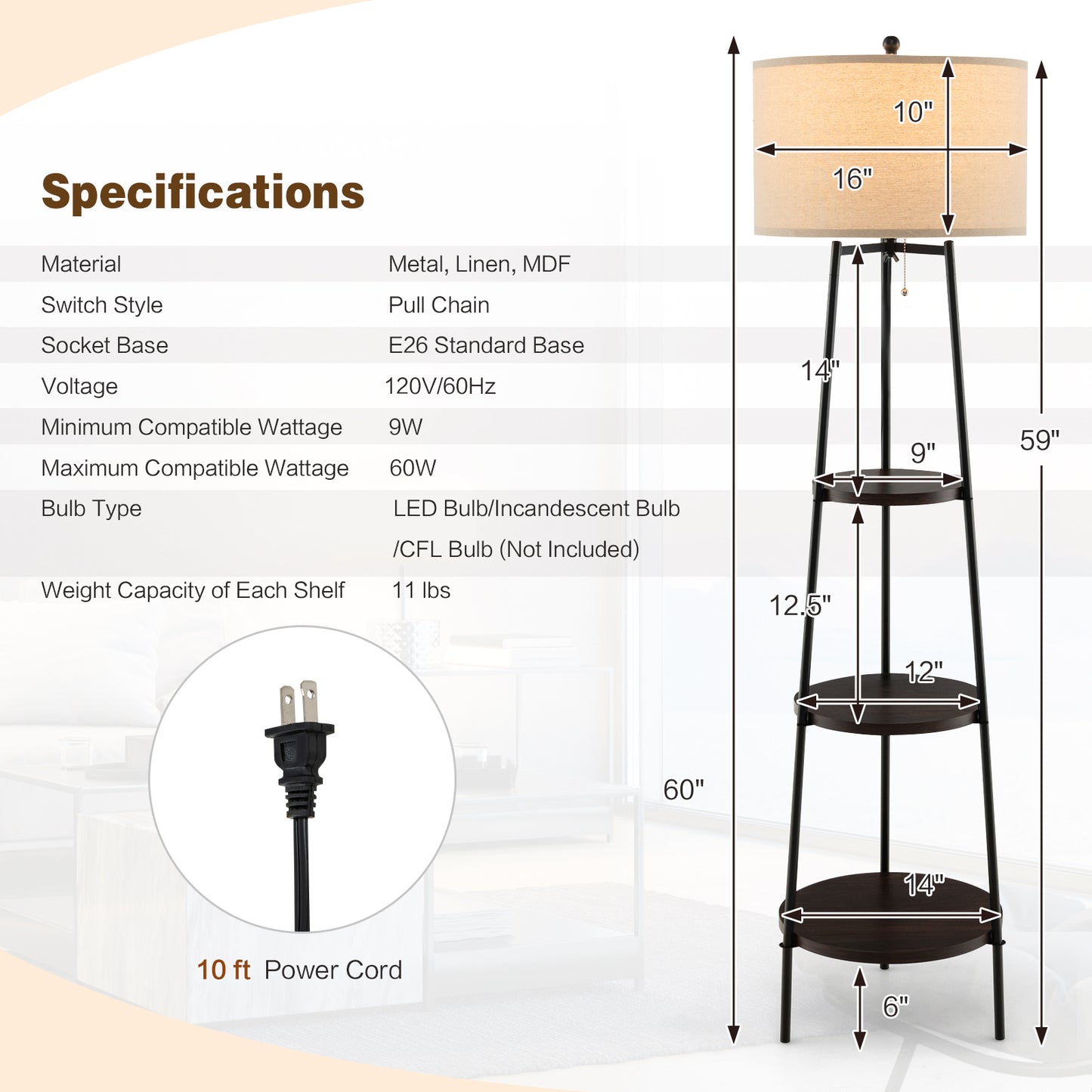 Modern Standing Floor Lamp with 3 Storage Shelves and Soft Linen Lampshade