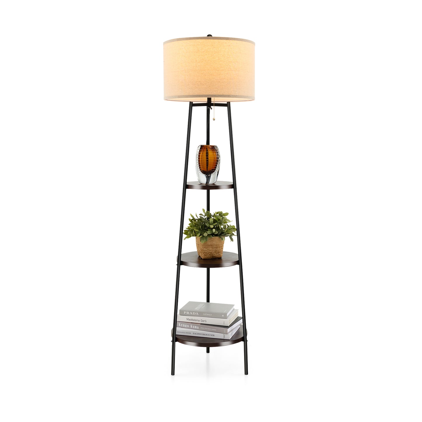 Modern Standing Floor Lamp with 3 Storage Shelves and Soft Linen Lampshade