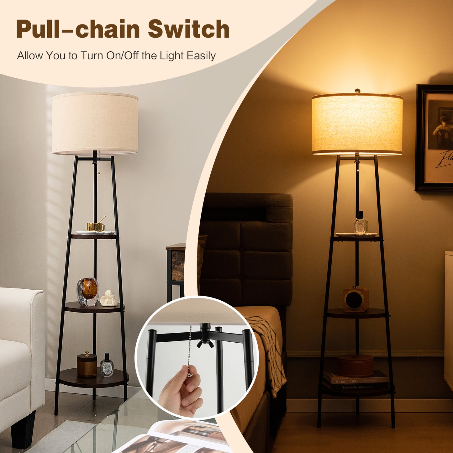 Modern Standing Floor Lamp with 3 Storage Shelves and Soft Linen Lampshade