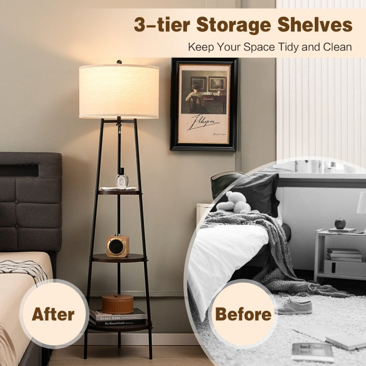 Modern Standing Floor Lamp with 3 Storage Shelves and Soft Linen Lampshade