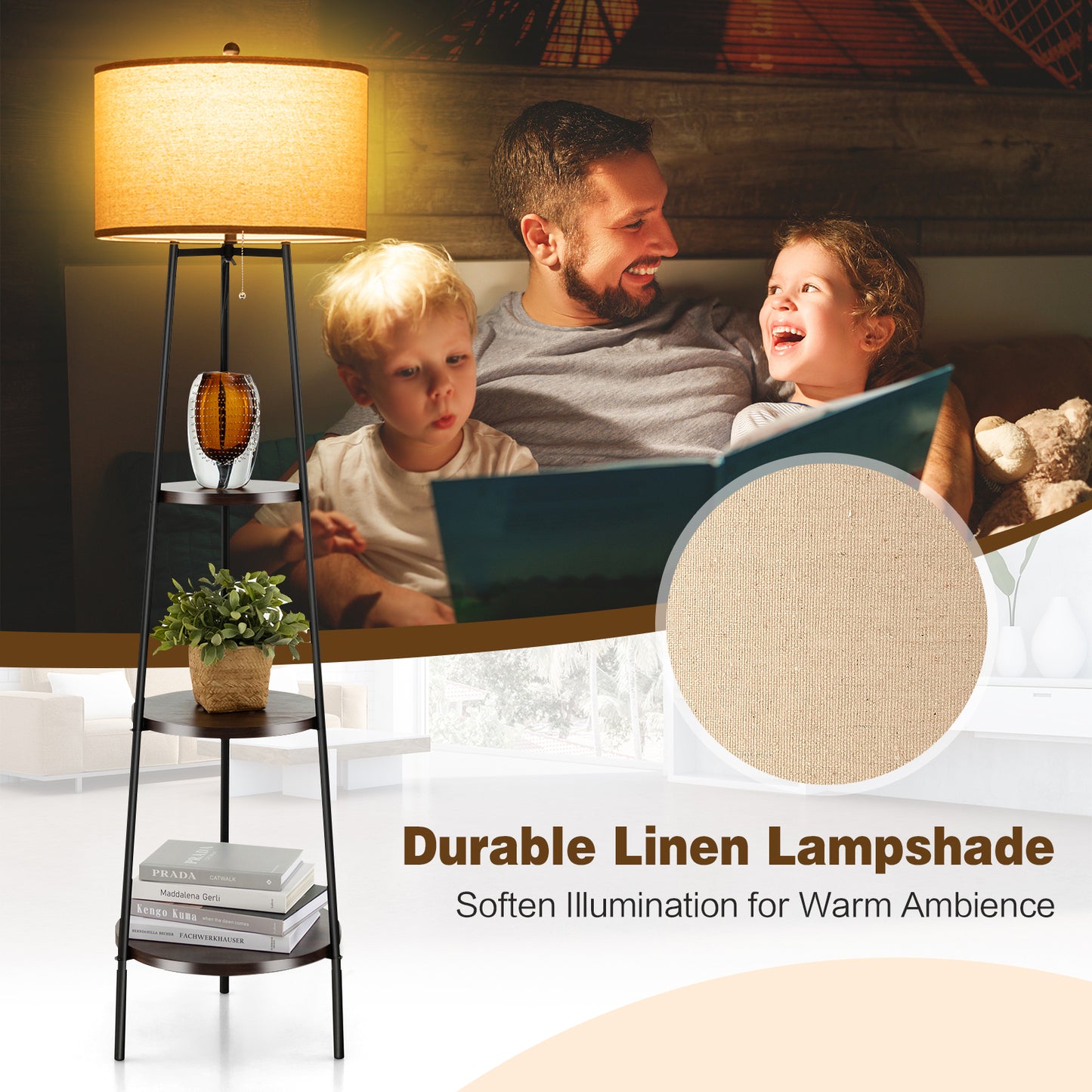 Modern Standing Floor Lamp with 3 Storage Shelves and Soft Linen Lampshade