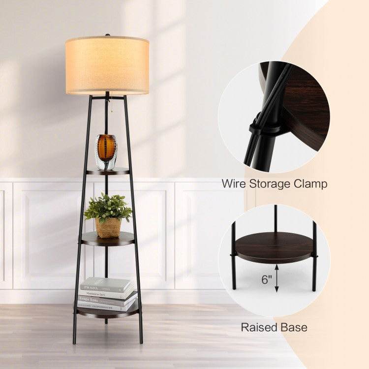 Modern Standing Floor Lamp with 3 Storage Shelves and Soft Linen Lampshade