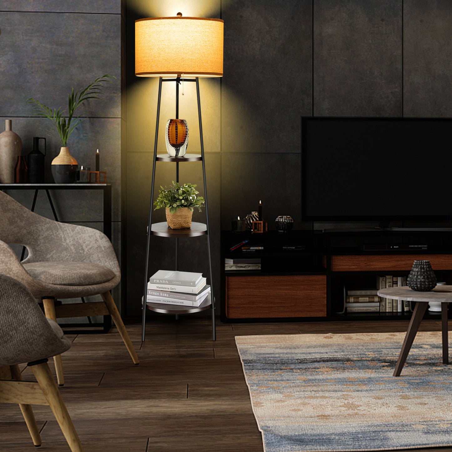 Modern Standing Floor Lamp with 3 Storage Shelves and Soft Linen Lampshade