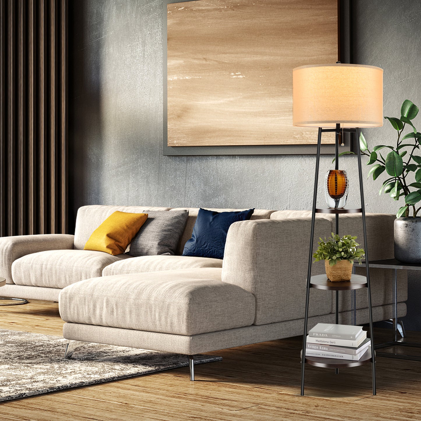 Modern Standing Floor Lamp with 3 Storage Shelves and Soft Linen Lampshade