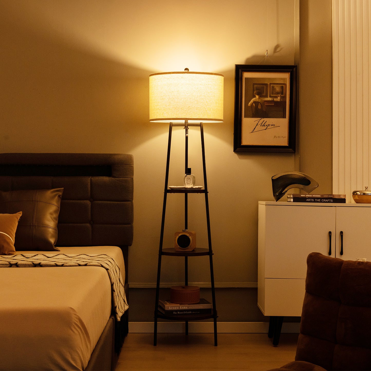 Modern Standing Floor Lamp with 3 Storage Shelves and Soft Linen Lampshade