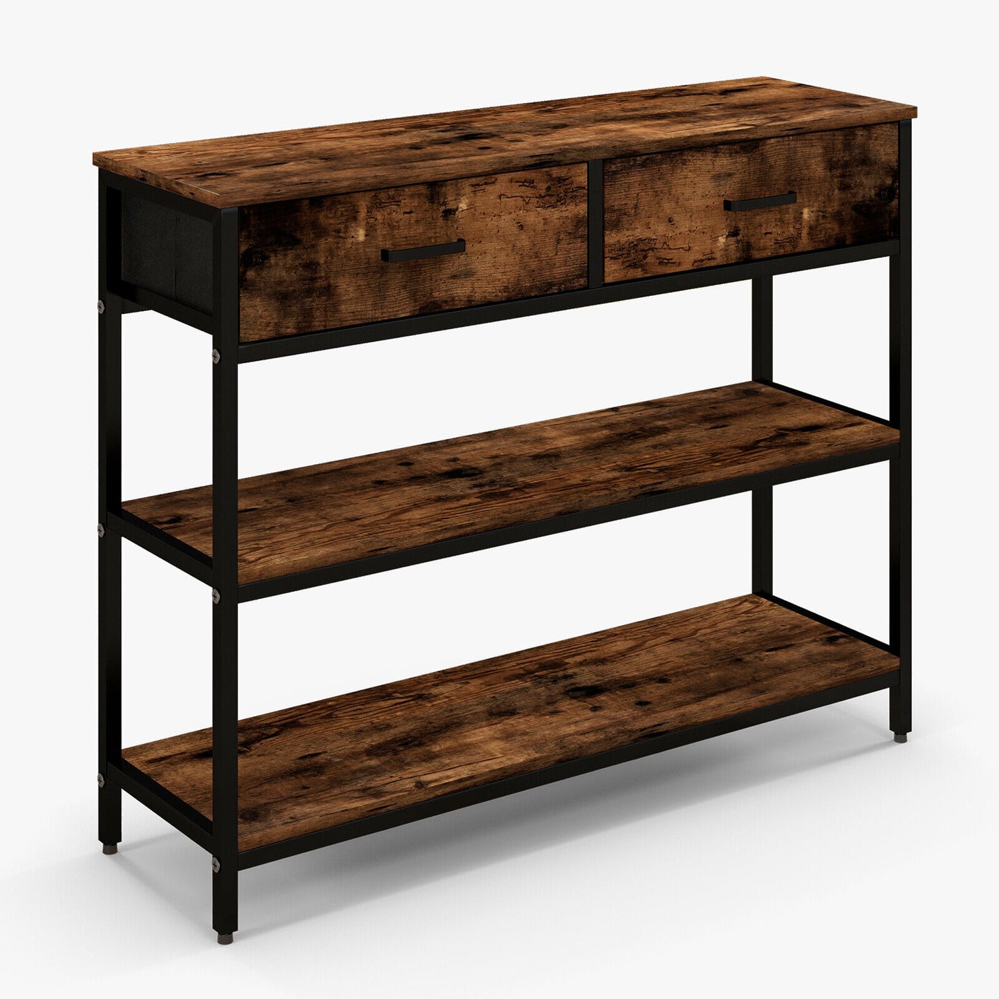 Entryway Console Table with Open Shelves and Folding Fabric Drawers - Rustic Brown