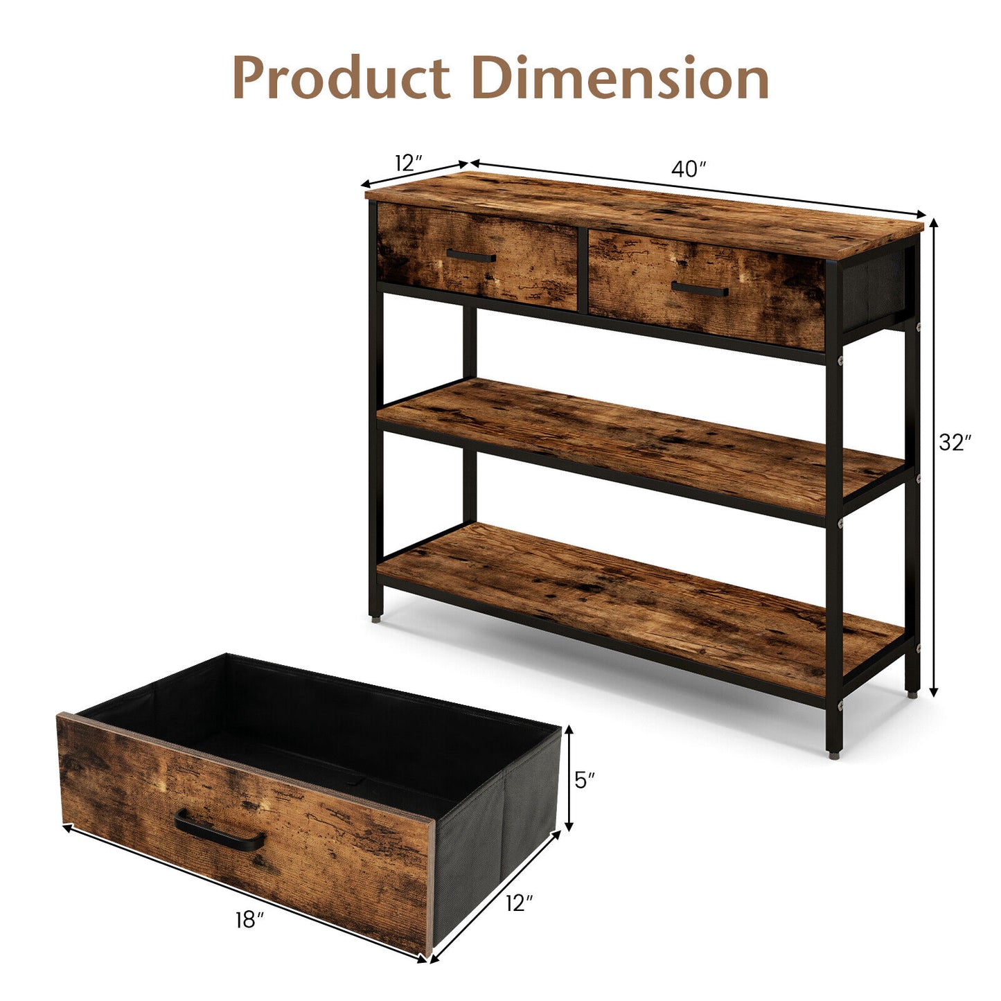 Entryway Console Table with Open Shelves and Folding Fabric Drawers - Rustic Brown