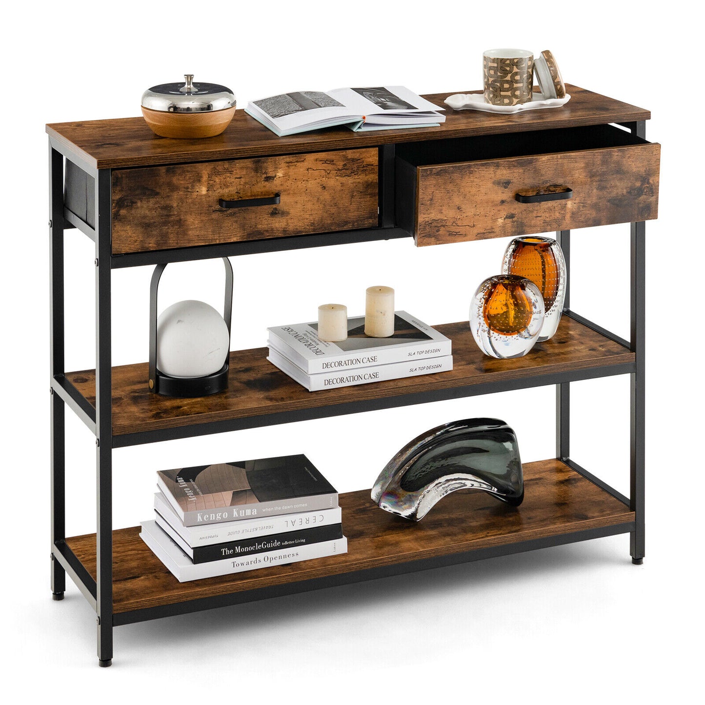 Entryway Console Table with Open Shelves and Folding Fabric Drawers - Rustic Brown