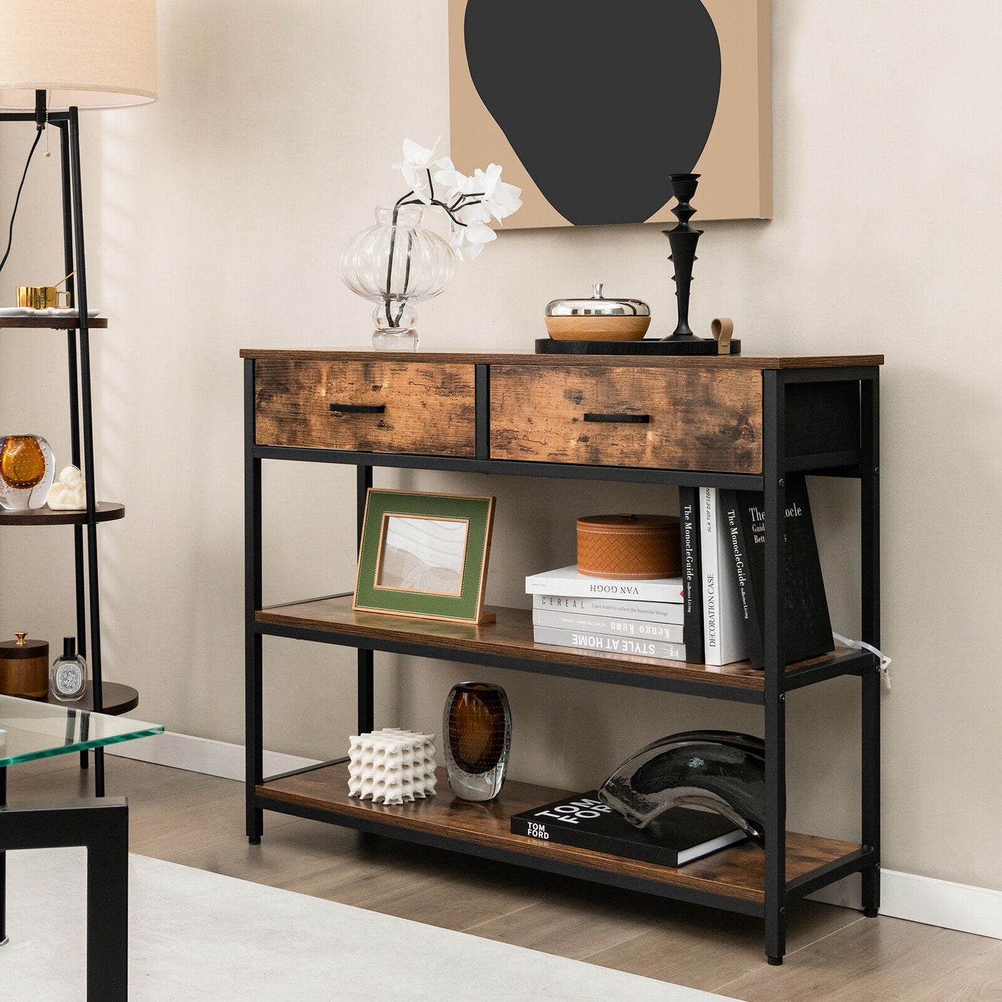 Entryway Console Table with Open Shelves and Folding Fabric Drawers - Rustic Brown