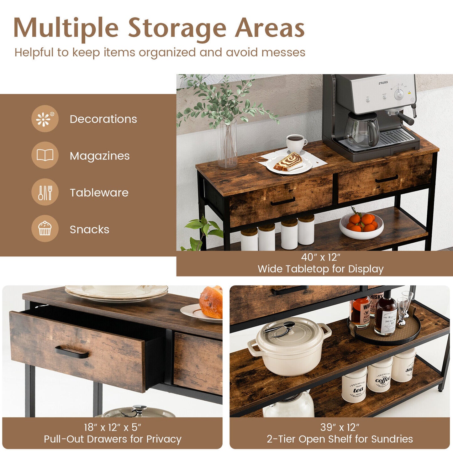 Entryway Console Table with Open Shelves and Folding Fabric Drawers - Rustic Brown