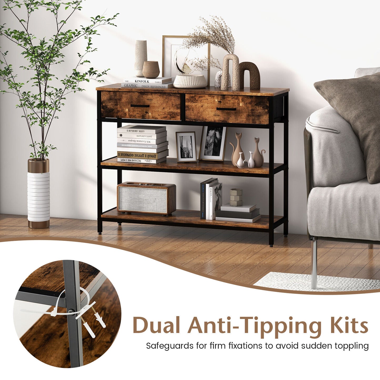 Entryway Console Table with Open Shelves and Folding Fabric Drawers - Rustic Brown