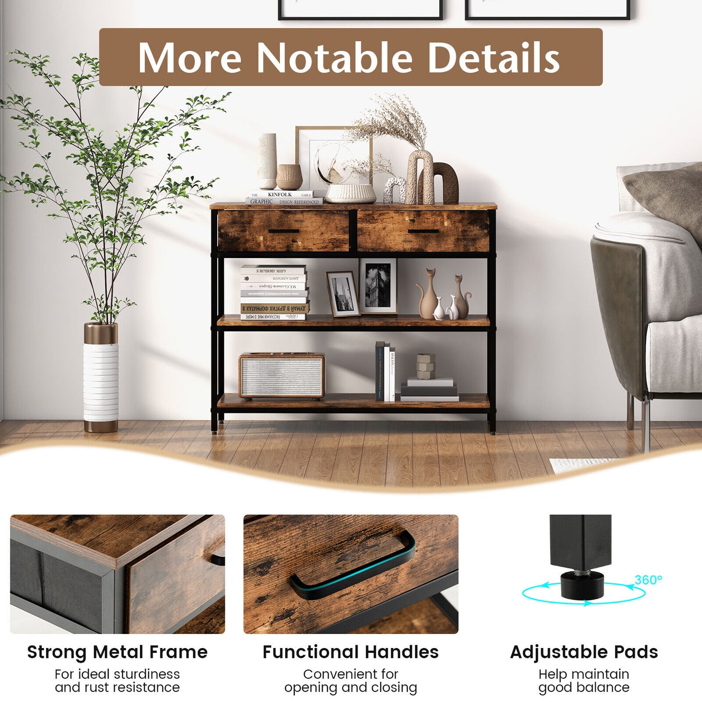 Entryway Console Table with Open Shelves and Folding Fabric Drawers - Rustic Brown