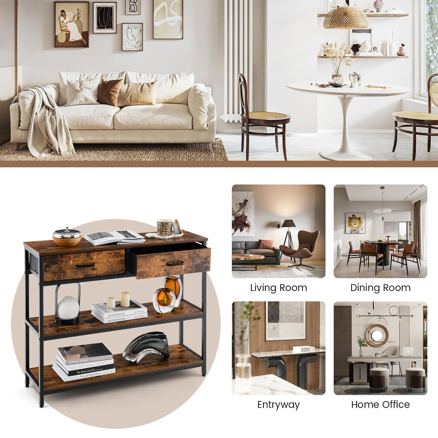 Entryway Console Table with Open Shelves and Folding Fabric Drawers - Rustic Brown