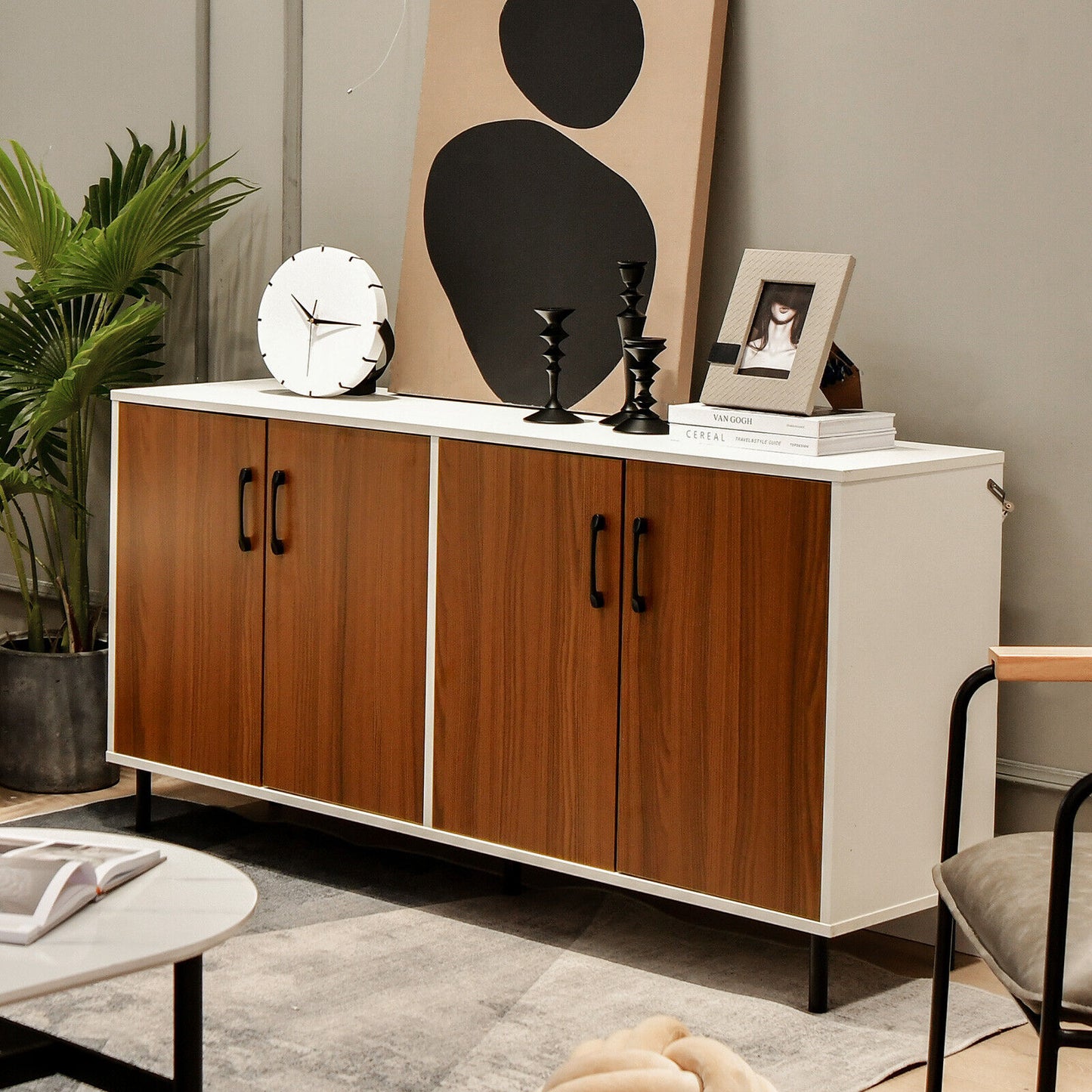 Modern 4 Door Storage Buffet Cabinet with Shelves for Kitchen Dining Room or Living Room