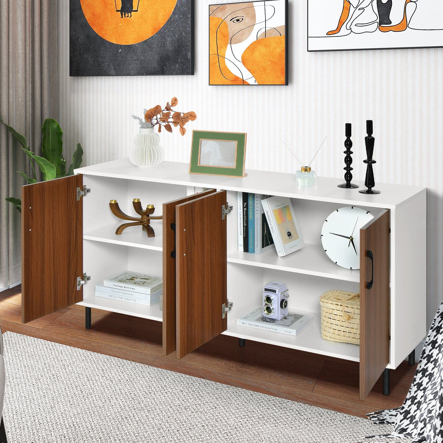 Modern 4 Door Storage Buffet Cabinet with Shelves for Kitchen Dining Room or Living Room