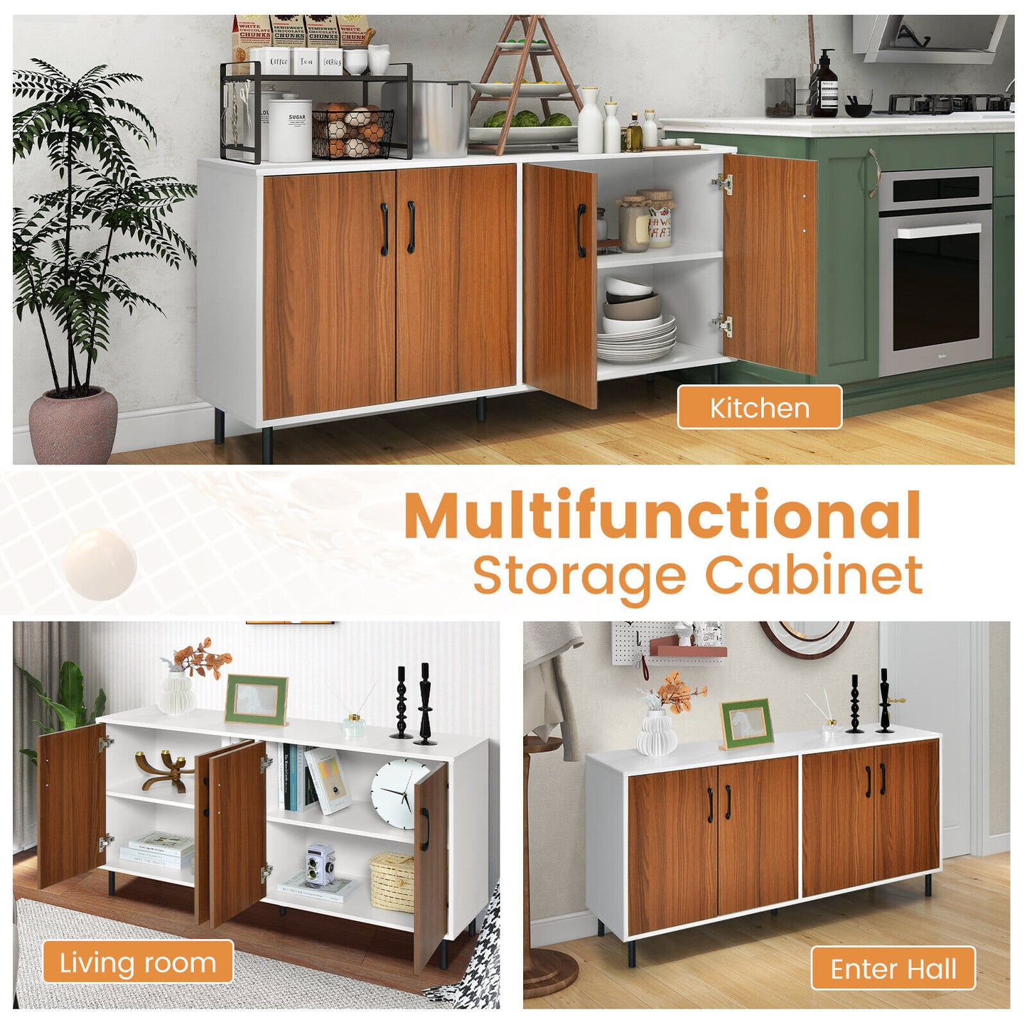 Modern 4 Door Storage Buffet Cabinet with Shelves for Kitchen Dining Room or Living Room