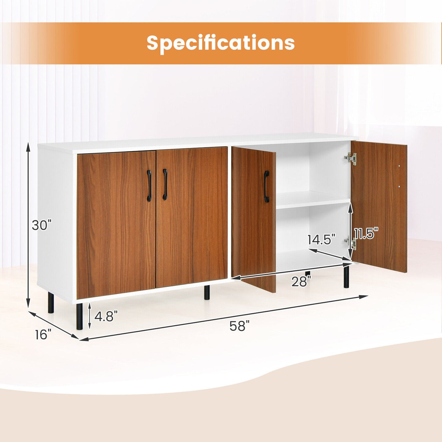 Modern 4 Door Storage Buffet Cabinet with Shelves for Kitchen Dining Room or Living Room