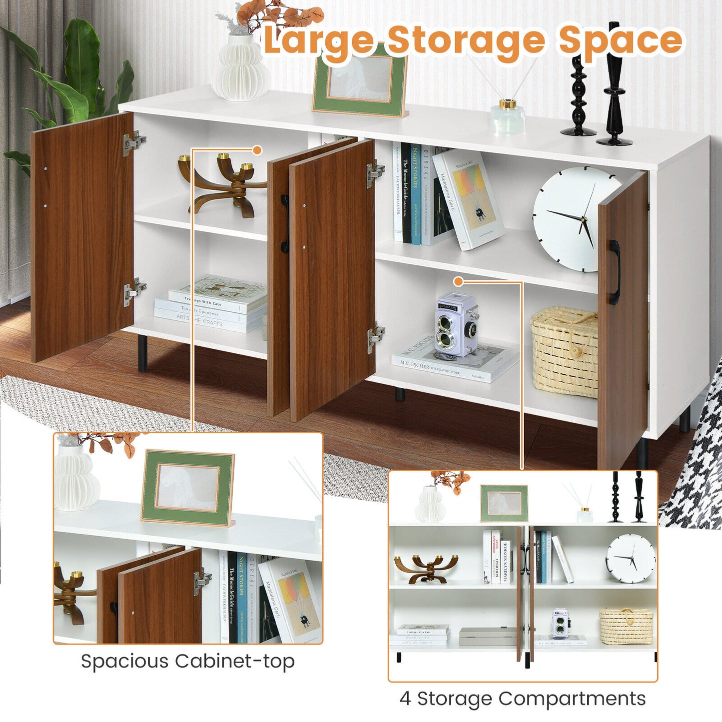 Modern 4 Door Storage Buffet Cabinet with Shelves for Kitchen Dining Room or Living Room