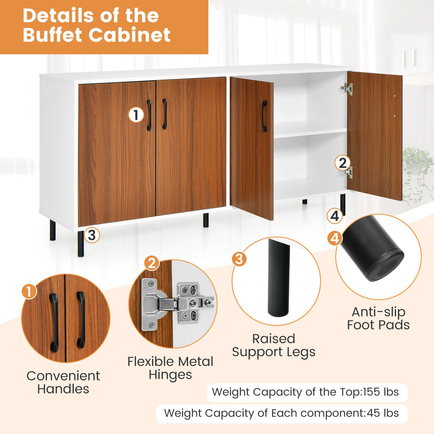 Modern 4 Door Storage Buffet Cabinet with Shelves for Kitchen Dining Room or Living Room