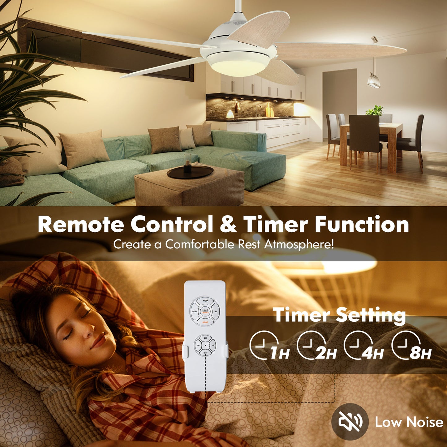 52 Inch Ceiling Fan with LED Light & 3 Adjustable Color Temperatures - White