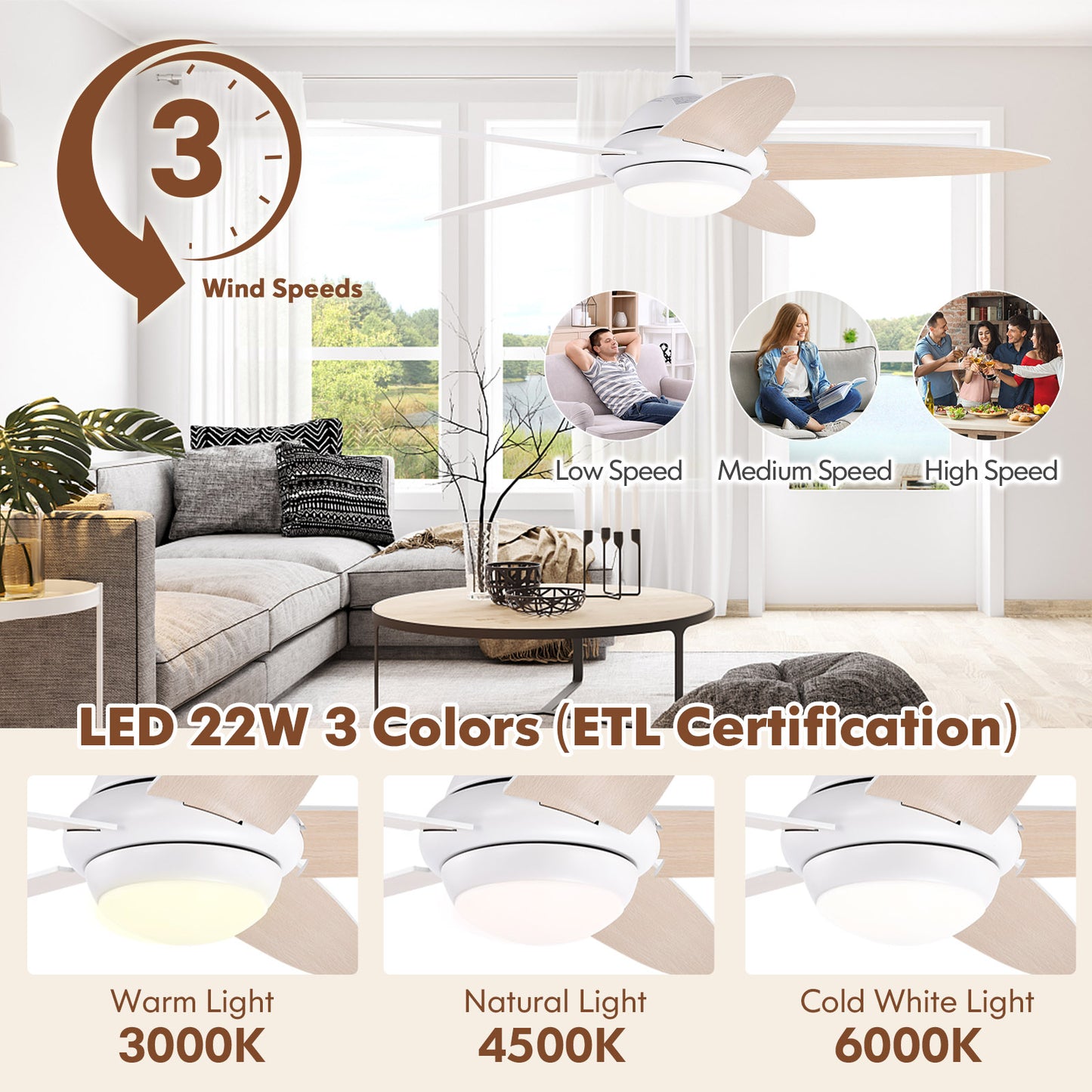 52 Inch Ceiling Fan with LED Light & 3 Adjustable Color Temperatures - White